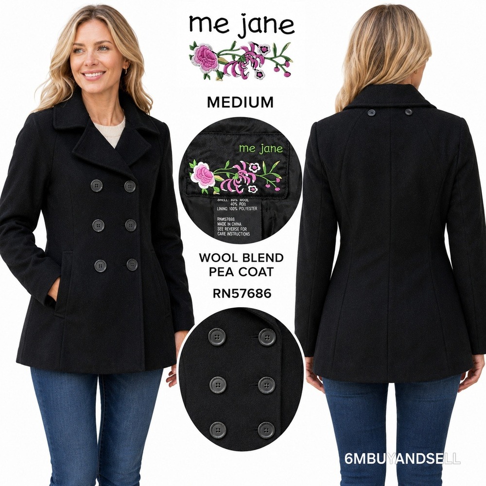 Me Jane Womens Black Wool Blend Double Breasted Pea Coat Jacket Medium RN57686